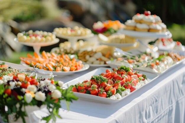 Photo catering buffet food indoor in luxury restaurant with meat colorful fruits and vegetables