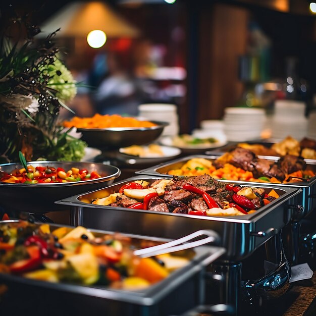 Photo catering buffet food indoor in luxury restaurant with meat and vegetables