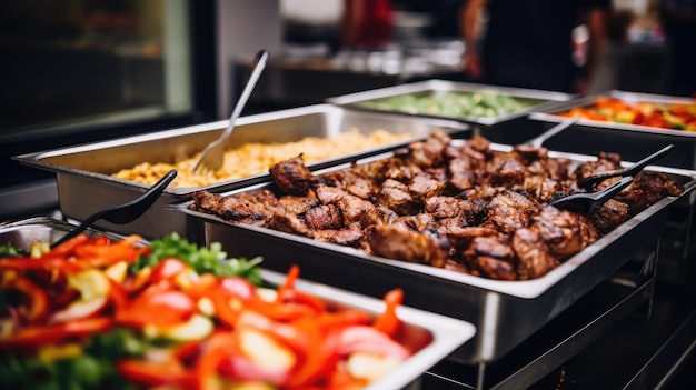 Catering buffet food indoor in restaurant with grilled meat