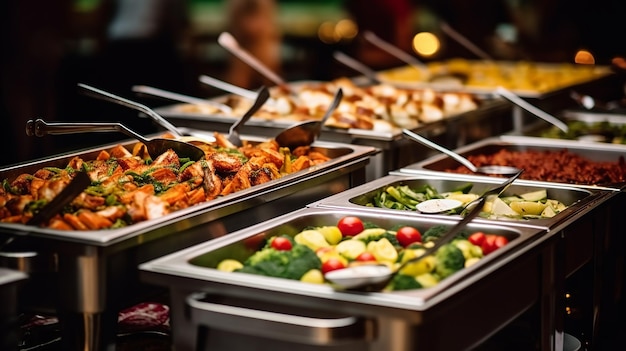 Catering buffet food indoor in restaurant with meat colorful fruits vegetables and meals