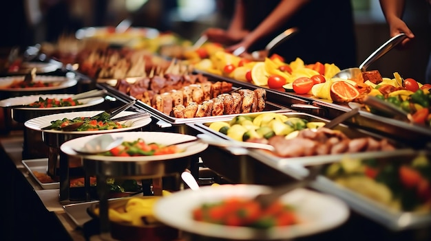 레스토랑에서 고기, 다채로운 과일, 채소 및 식사를 제공하는 내부 뷔페 음식