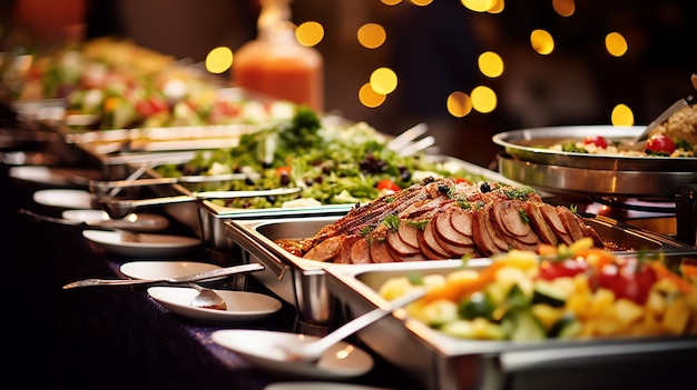 Catering buffet food indoor in restaurant with meat colorful fruits vegetables and meals