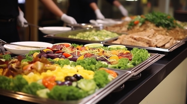 catering buffet food indoor in restaurant with meat colorful fruits and vegetables