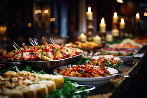 Catering buffet food on a long table in a hotel restaurant