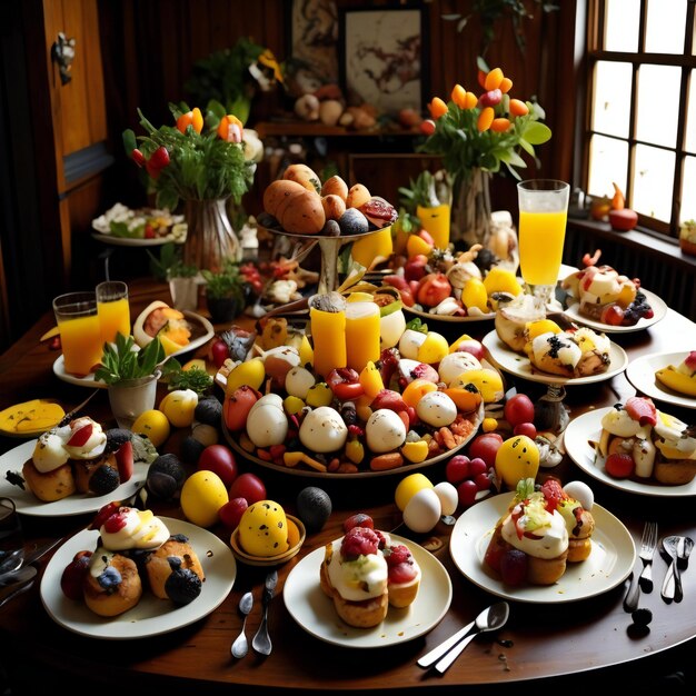 Catering buffet with variety of fruits and vegetables Food styling and restaurant meal serving