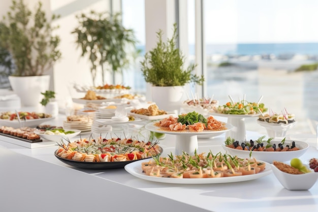 Catering buffetmaaltijd op een witte lange tafel in een modern restaurant aan zee