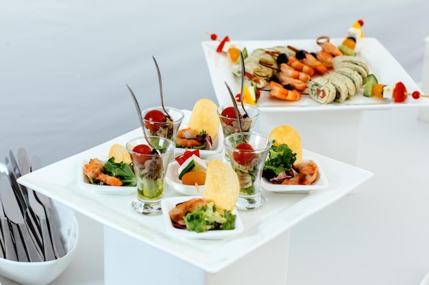 Catering food On a beautiful white square plate lined with snacks Clouseup