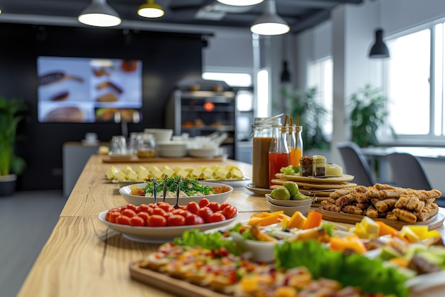 Catering in het kantoor Tafel met canapes en verschillende snacks geserveerd