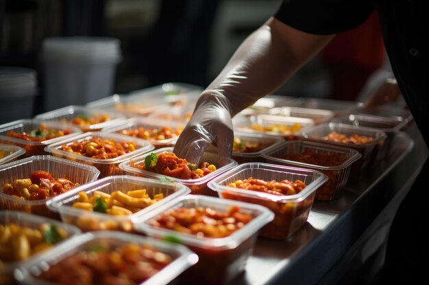 Catering serveert en mensen concept close-up van chefs hand in witte handschoen het nemen van voedsel in plastic dozen catering service handling containers van pasta voedsel AI gegenereerd