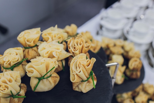 Catering service Restaurant table with food at event Shallow depth of view