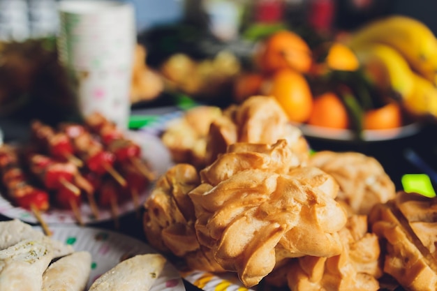 Catering services background with snacks on guests table in restaurant at event party