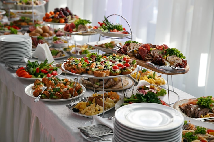 Foto cateringservice. restaurant tafel met snacks eten op evenement.