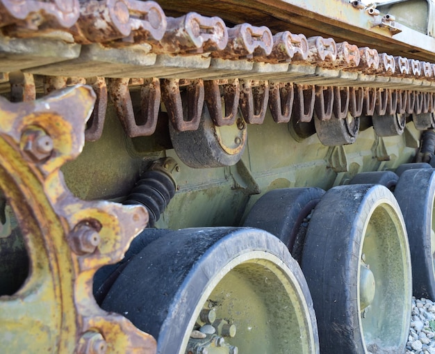 Caterpillar chain of the old tank Museum of military equipment in the open air