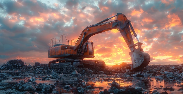 A Caterpillar excavator is digging in the dirt The sky is orange and the sun is setting