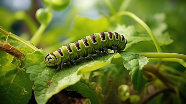 Foto il bruco sulla pianta verde