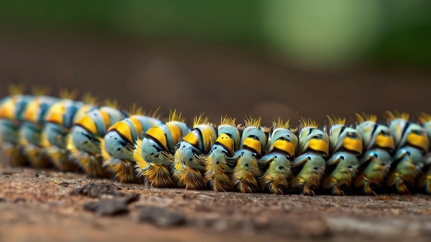 A caterpillar is crawling on a wooden surface