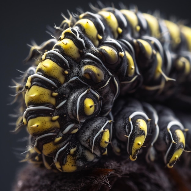 A caterpillar is curled up on a piece of wood.