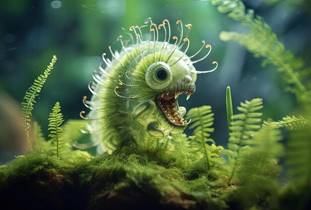 the caterpillar is eating a part of the fern in the style of multiple exposure