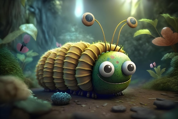 A caterpillar is in a forest with green leaves and a bug on it.