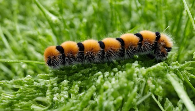 a caterpillar is on the grass in the grass