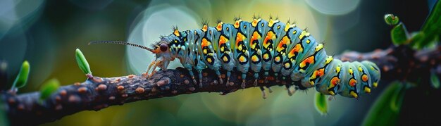 Caterpillar met gemodelleerde huid op een tak zachte natuurlijke verlichting