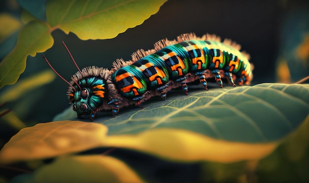 Photo a caterpillar munching on a leaf its colorful stripes standing out against the green foliage