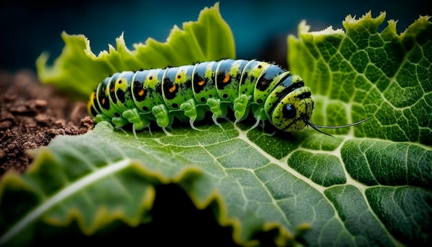 Foto caterpillar op plantaardige bladeren ongediertebestrijding in landbouwconcept generatieve ai