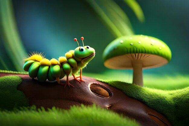 A caterpillar sits on a log next to a mushroom.