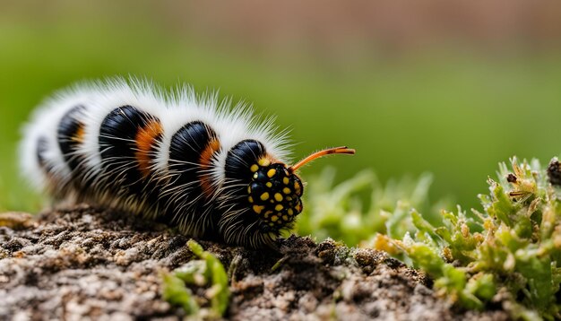 黒とオレンジのストライプの毛虫が地面に横たわっている