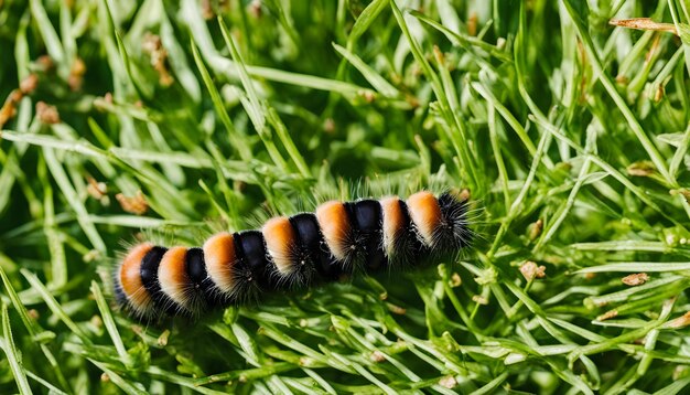 Photo a caterpillar with a black and orange tail is in the grass