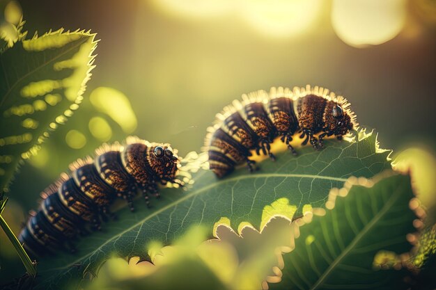 Caterpillars on a leaf sunlit in a field