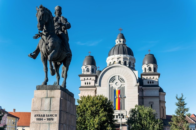 Cathedral and Avram Iancu statue in Targu Mures Romania