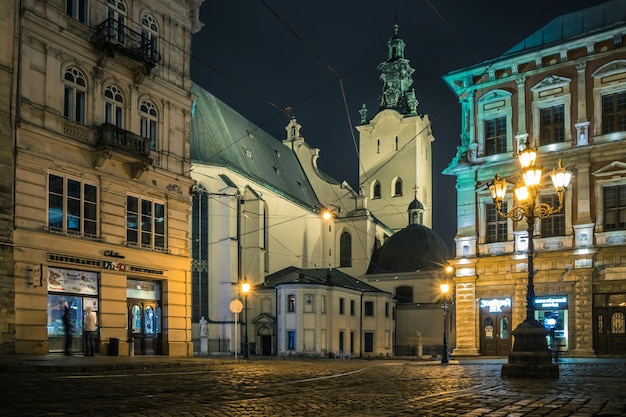 Cathedral Basilica of the Assumption Lviv in the night An ancient