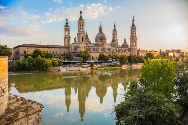 Cathedral-Basilica of Our Lady of the Pillar with evening lights,  Roman Catholic church Zaragoza