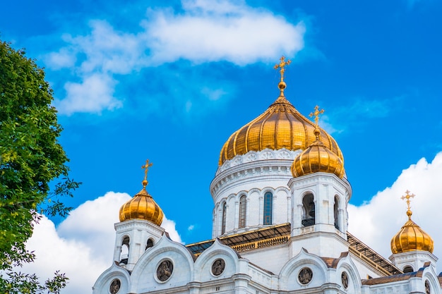 Cathedral of Christ the Saviour against a blue sky with clouds in Moscow, Russia