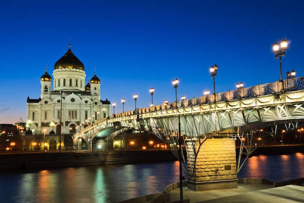 Cathedral of Christ the Saviour illuminated at dusk in Moscow, Russia