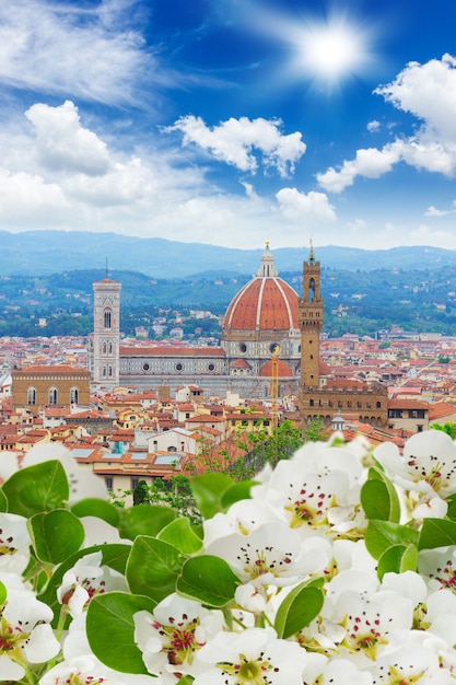 Cathedral church Santa Maria del Fiore over old town of Florence at spring, Italy