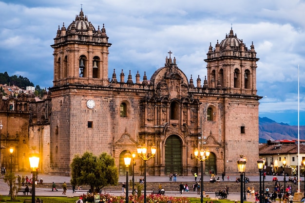 Cathedral of Cusco, Peru in the light of lanterns