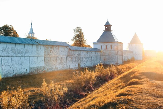 Cathedral fortress medieval Christian era at sunset on sunny day