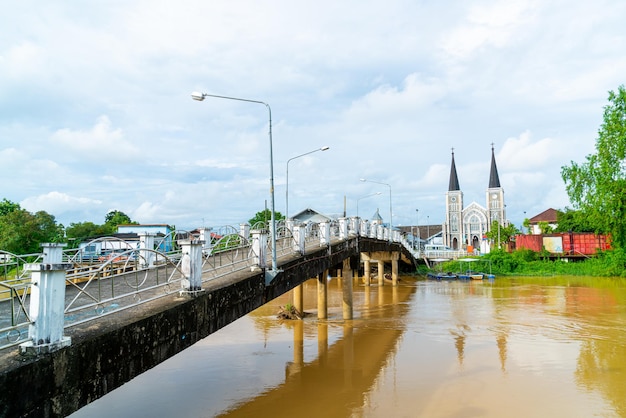 Cathedral of the Immaculate Conception with Niramon bridge at Chanthaburi in Thailand