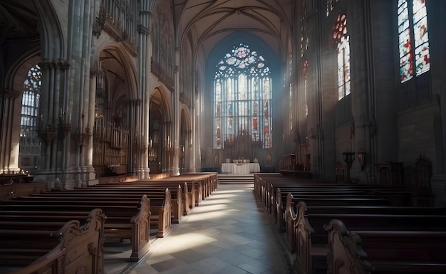 Cathedral interior with beautiful strain glass