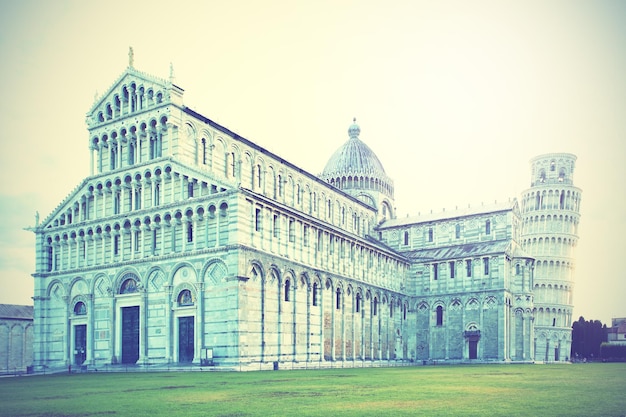 Cathedral and the Leaning tower in Pisa, Italy. Retro style filtred image