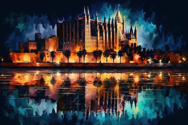 Cathedral at Night with Beautiful Illumination Generative AI