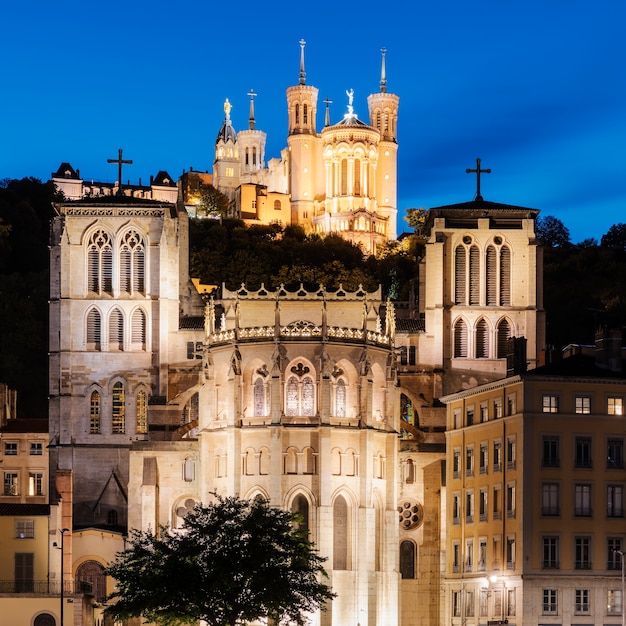 Cathedral of St. Jean and The Basilica Notre Dame de fourviere in Lyon, France at night