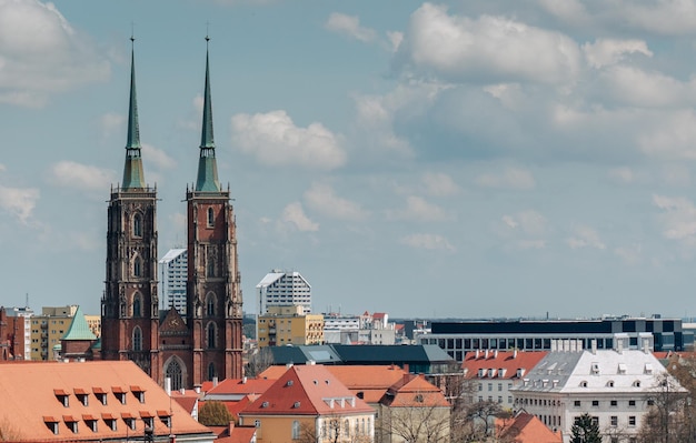 Cathedral tower in the center of a European city