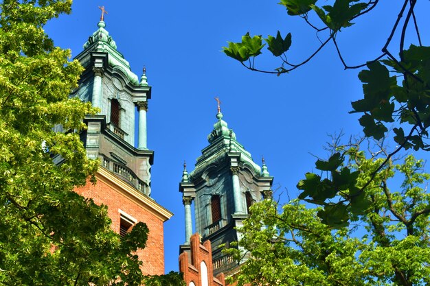 Foto torri della cattedrale con una cima verde sullo sfondo degli alberi del cielo blu intorno alla polonia poznan