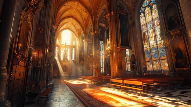 Photo catholic church with a cinematic atmosphere perhaps characterized by dim lighting