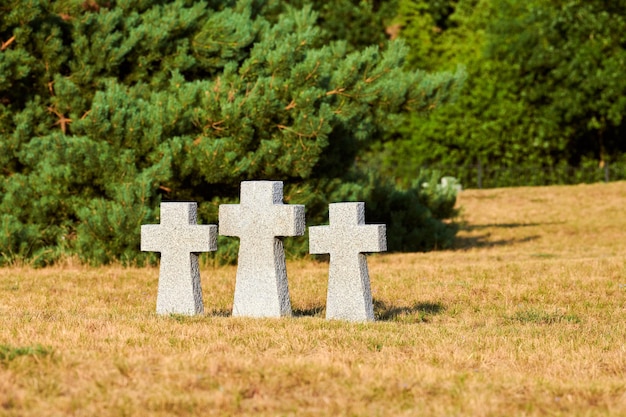 유럽의 독일군 묘지에 있는 가톨릭 화강암 십자가. 러시아 칼리닌그라드 주 발티스크에 있는 제2차 세계대전 전사자를 위한 기념관