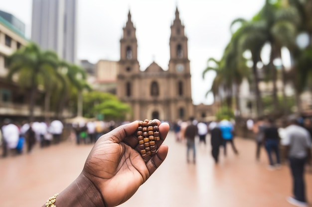 Catholic man holding a rosary in front of a religious sanctuary aparecida sao paulo