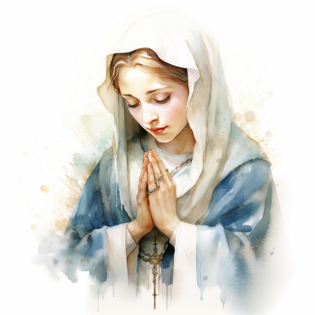 Catholic Mother Mary Praying in Watercolor